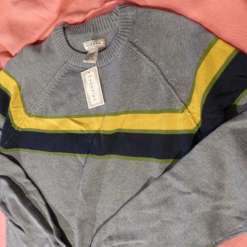 Knit Crew Neck Gray Striped Sweater Mens NEW